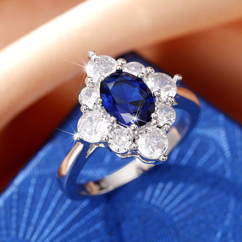 NO.33-Light luxury personalized egg-shaped sapphire blue zircon ring, luxurious women's ring