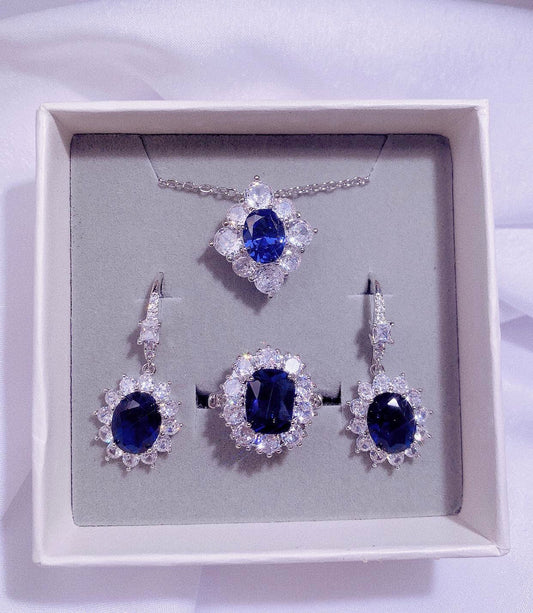 NO.6-Ladies Fashion dark blue accessories Set-Dark Blue Stunning Lace Necklace, Dark Blue Flower Earrings, Exquisite Small Oval Ring.brass zirconia.