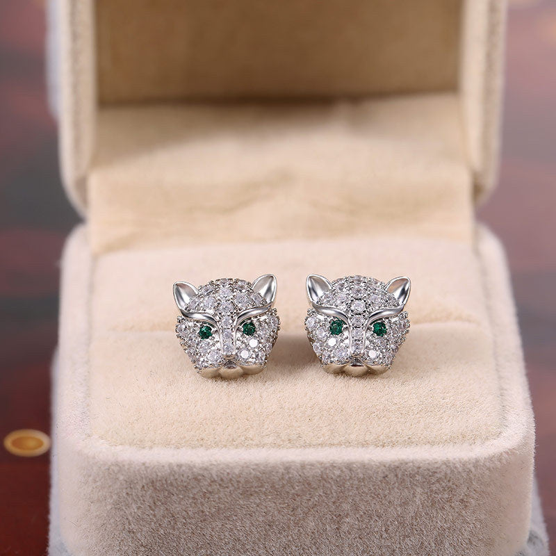 NO.9-Personality versatile full diamond zircon leopard head stud earrings, women's temperament street earrings