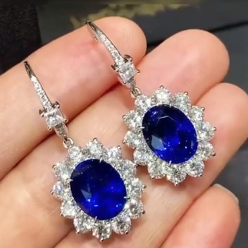 NO.6-Ladies Fashion dark blue accessories Set-Dark Blue Stunning Lace Necklace, Dark Blue Flower Earrings, Exquisite Small Oval Ring.brass zirconia.