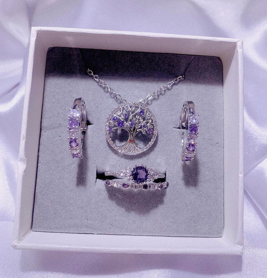 No.67-woman fashion purple accessory  set-Tree of life necklace, small hoop earrings, couple rings. accessory gift for mom/wife/sister/good friend.