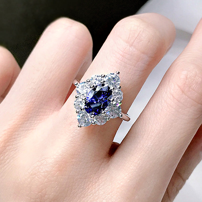 NO.33-Light luxury personalized egg-shaped sapphire blue zircon ring, luxurious women's ring