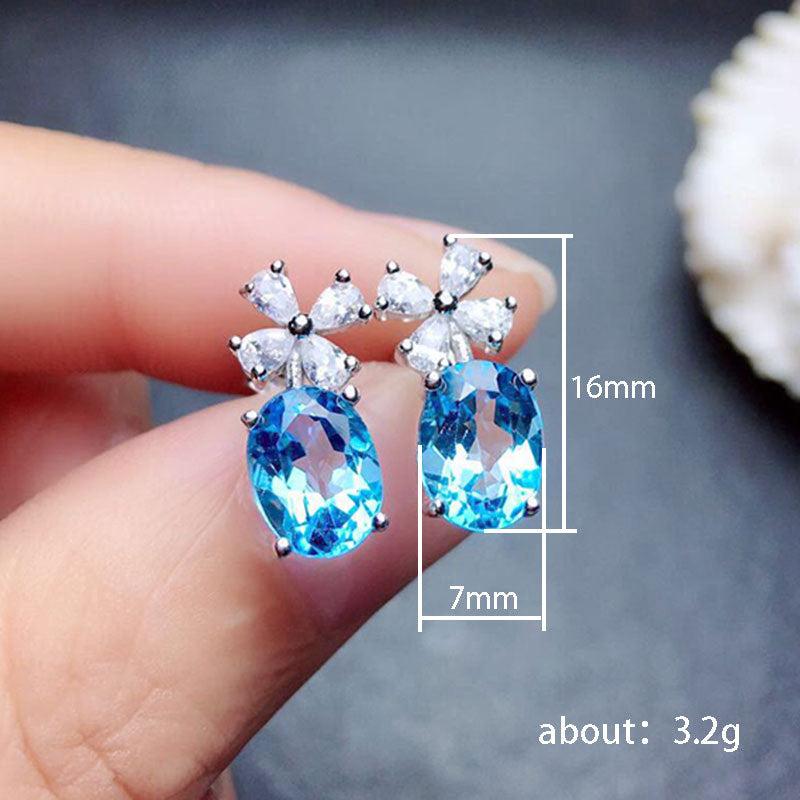 NO.22-Women's Fashion Jewelry, Micro Paved Aquamarine Zirconia Flower Drop Earrings Copper Plated Rhodium-Plated Temperament Stud Earrings