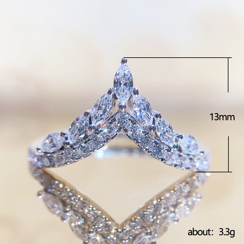 NO.26-Ladies Fashion Jewelry, Fashion V Shape Micro Paved Zircon Ring Women Princess Engagement Promise Ring