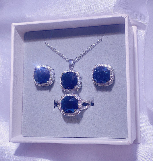 NO.59-Ladies Jewelry, Pink Dark Blue Three-Piece Set, Square Necklace, Square Earrings, Square Ring