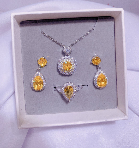 NO.35-Fashion Jewelry 3 Piece Set, Yellow Stunning Necklace, Stuning Drop Dangle Earrings, Drop Ring