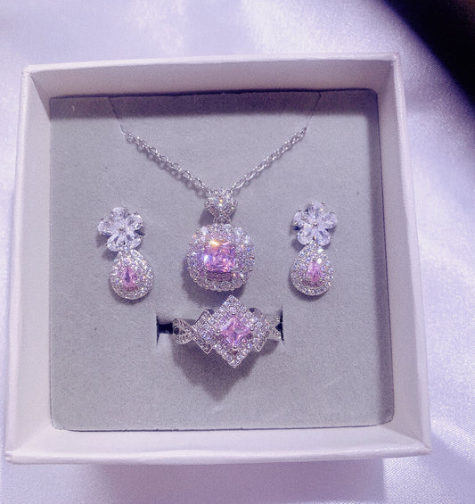 NO.65-Fashion Jewelry for Women, Pink Trio Set, Sparkling Formal Necklace, Small Flower Earrings, Pink Diamond Ring