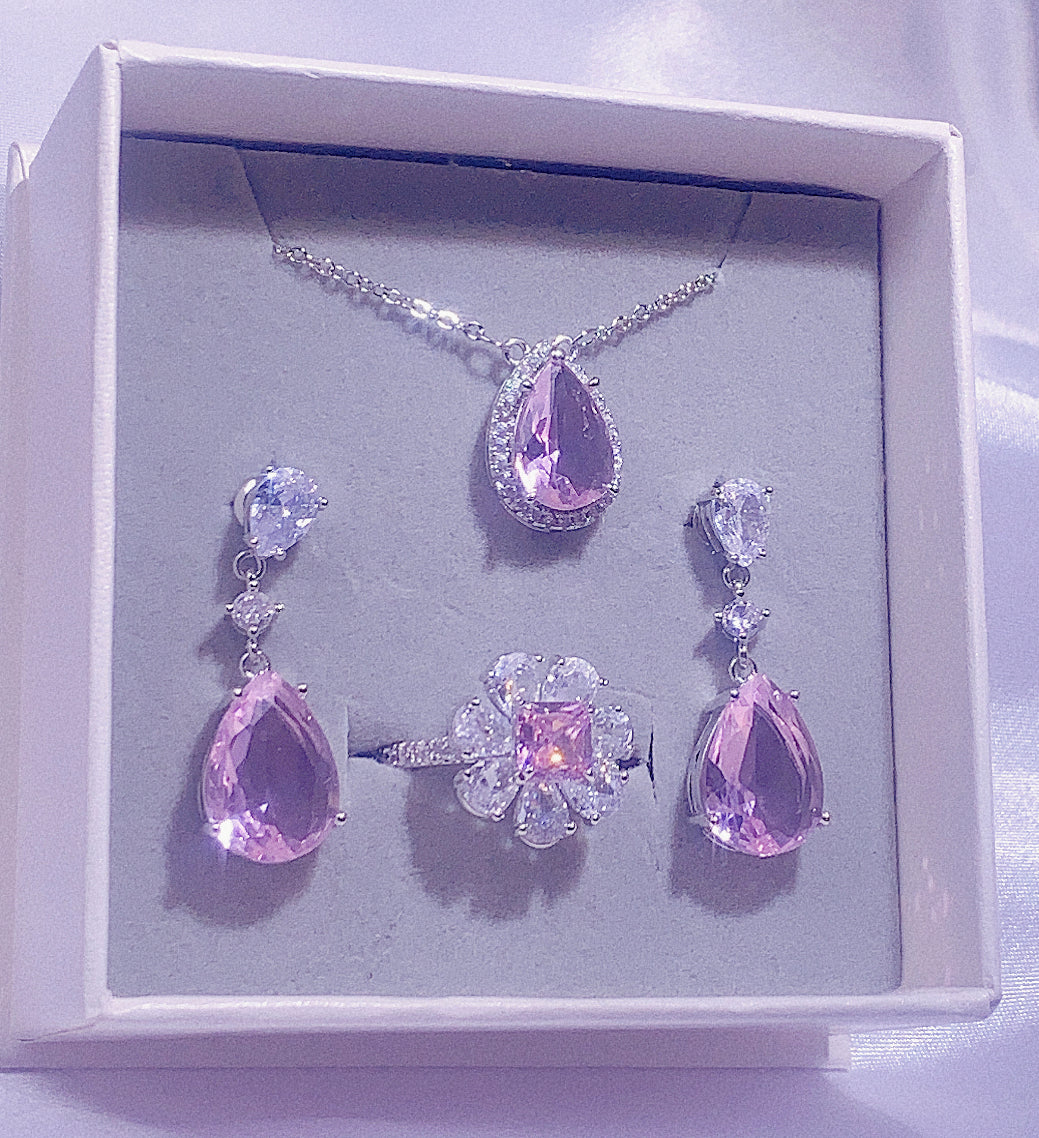 NO.18-Ladies Fashion Accessories Pink Three-Piece Set, Water Drop Necklace, Water Drop Earrings, Cute Flower Ring