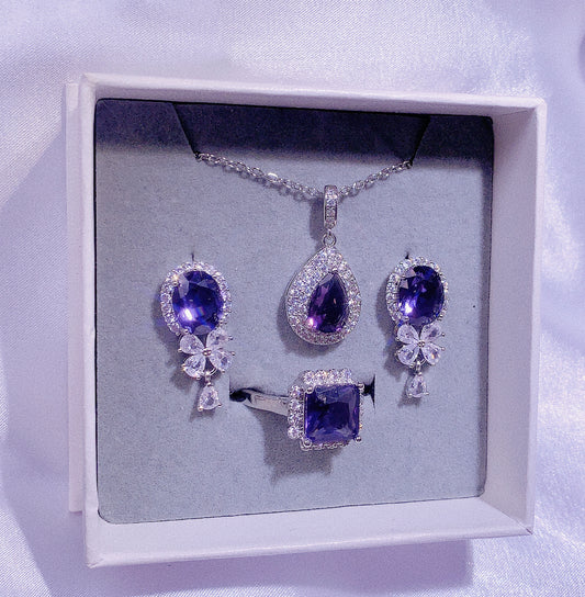 NO.64-Women's Fashion Jewelry, Purple Three-piece Set, Drop Necklace, Small Flower Earrings, Square Lace Ring