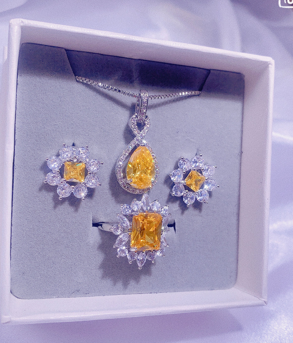 NO.17-Women's Fashion Accessories Yellow Three-Piece Set, Water Drop Necklace, Flower Earrings, Flower Ring