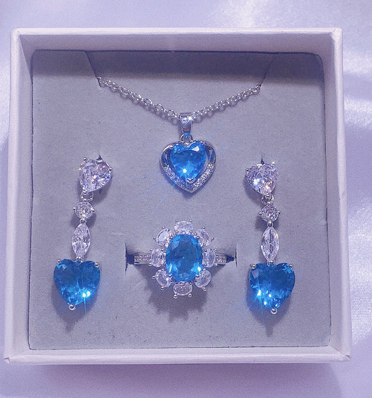 NO.15-Ladies Fashion Accessories Blue Three-Piece Set, Cute Love Necklace, Long Love Earrings, Lace Oval Ring