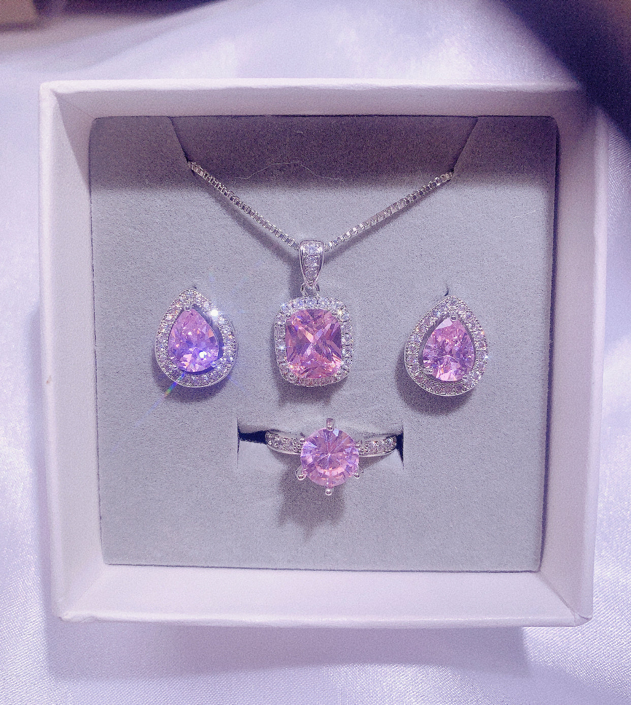 NO.60-Ladies Jewelry, Pink Three-Piece Set, Square Necklace, Droplet Earrings, Wedding Ring