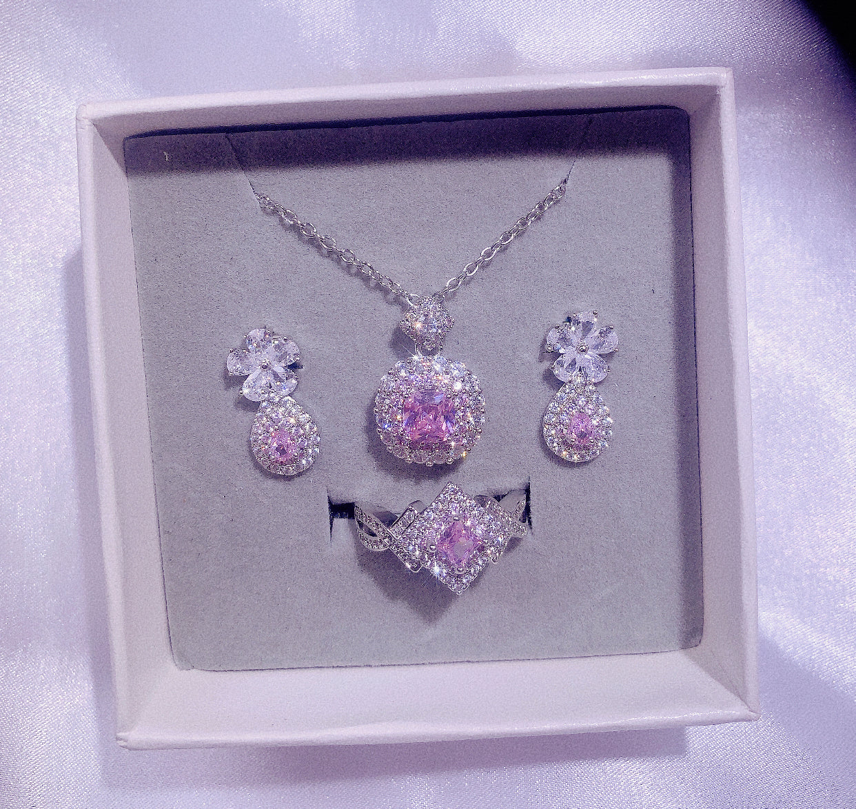 NO.65-Fashion Jewelry for Women, Pink Trio Set, Sparkling Formal Necklace, Small Flower Earrings, Pink Diamond Ring