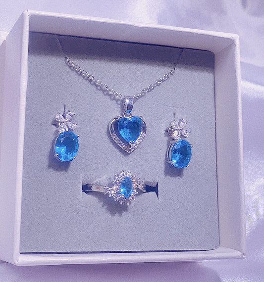 NO.12-Women's Fashion Accessories Blue Three-Piece Set, Cute Love Necklace, Small Flower Earrings, Flower Blue Ring