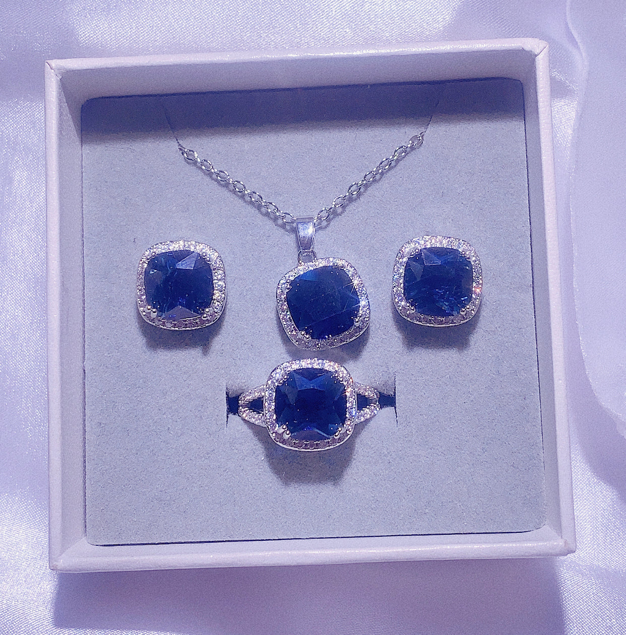 NO.59-Ladies Jewelry, Pink Dark Blue Three-Piece Set, Square Necklace, Square Earrings, Square Ring