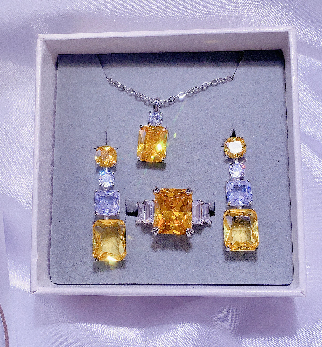 NO.57-Women's Fashion Jewelry, Yellow Three-Piece Set, Square Sparkle Necklace, Square Earrings, Small Square Ring