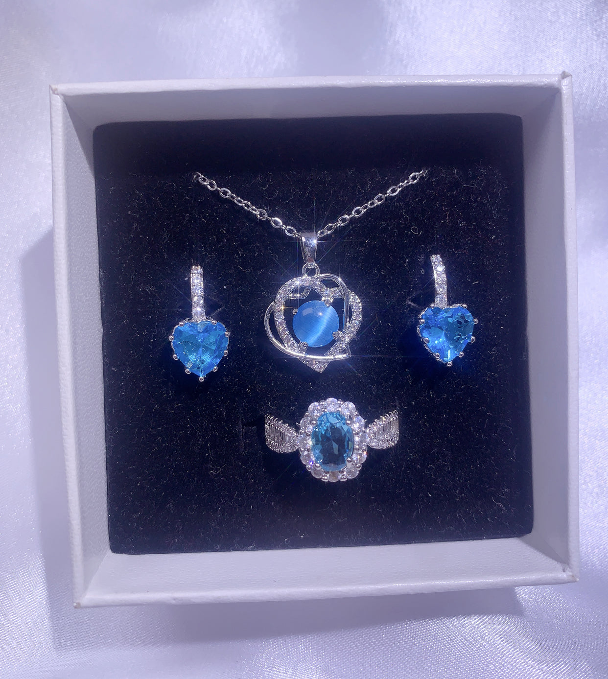 NO.53-Women's Fashion Jewelry, Blue Three-Piece Set, Double Love Necklace, Water Love Dangle Earrings, Oval Ring