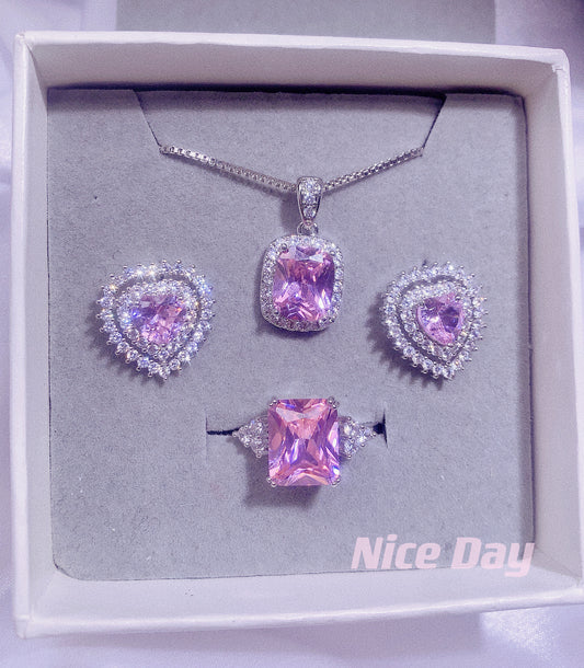 NO.19-Ladies Fashion Jewelry Exquisite 3-piece set, pink square necklace, pink heart-shaped cute earrings, pink square ring.