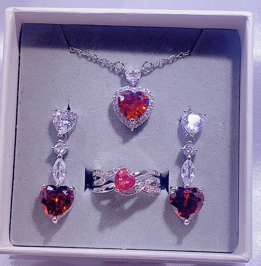 NO.8-Women's Fashion Accessories Red Three-Piece Set, Heart Necklace, Long Heart Earrings, Wrapped Heart Ring