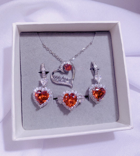 NO.33-Ladies Fashion Jewelry Exquisite 3-piece Set, Red Heart Mom Necklace, Heart Earrings, Heart Ring