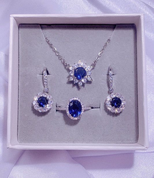 NO.34-Ladies Fashion Jewelry Exquisite 3 Piece Set, Dark Blue Stunning Lace Necklace, Dark Blue Flower Earrings, Exquisite Small Oval Ring