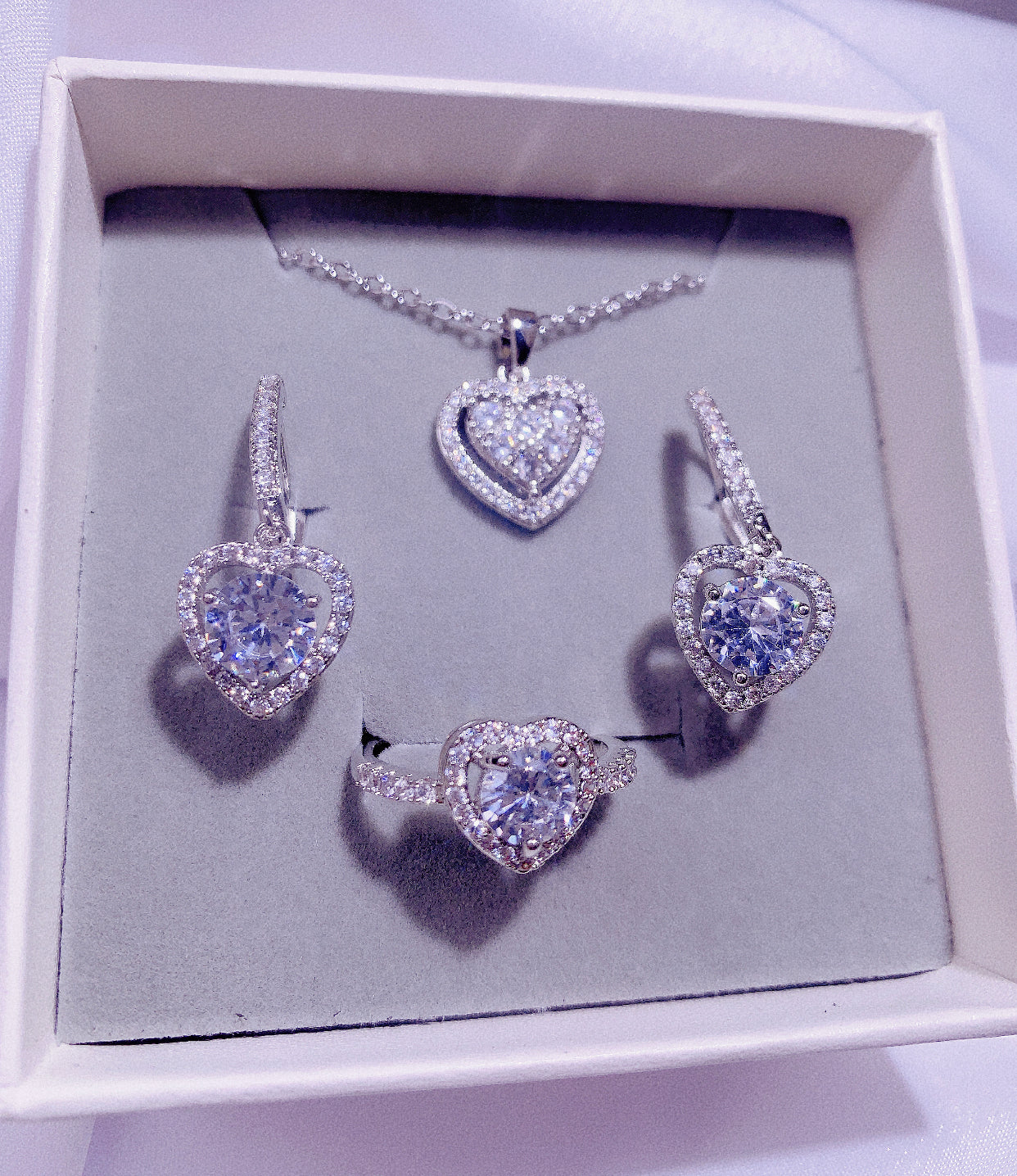 NO.2-Ladies Fashion Jewelry 3 Piece Set, White Shiny Heart Necklace, Shiny Heart Earrings, Shiny Heart Ring