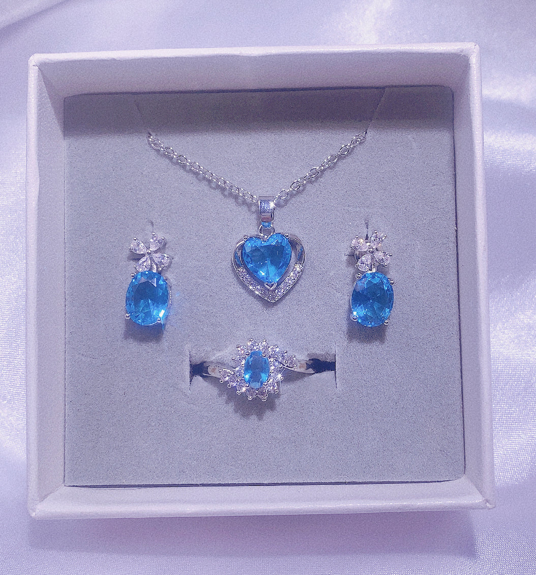 NO.12-Women's Fashion Accessories Blue Three-Piece Set, Cute Love Necklace, Small Flower Earrings, Flower Blue Ring