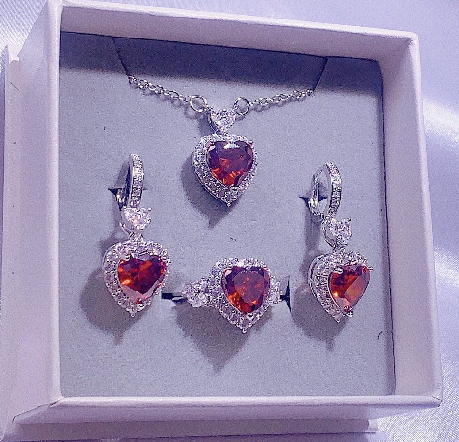 NO.9-Women's Fashion Accessories Red Three-Piece Set, Heart Necklace, Heart Earrings, Heart Ring