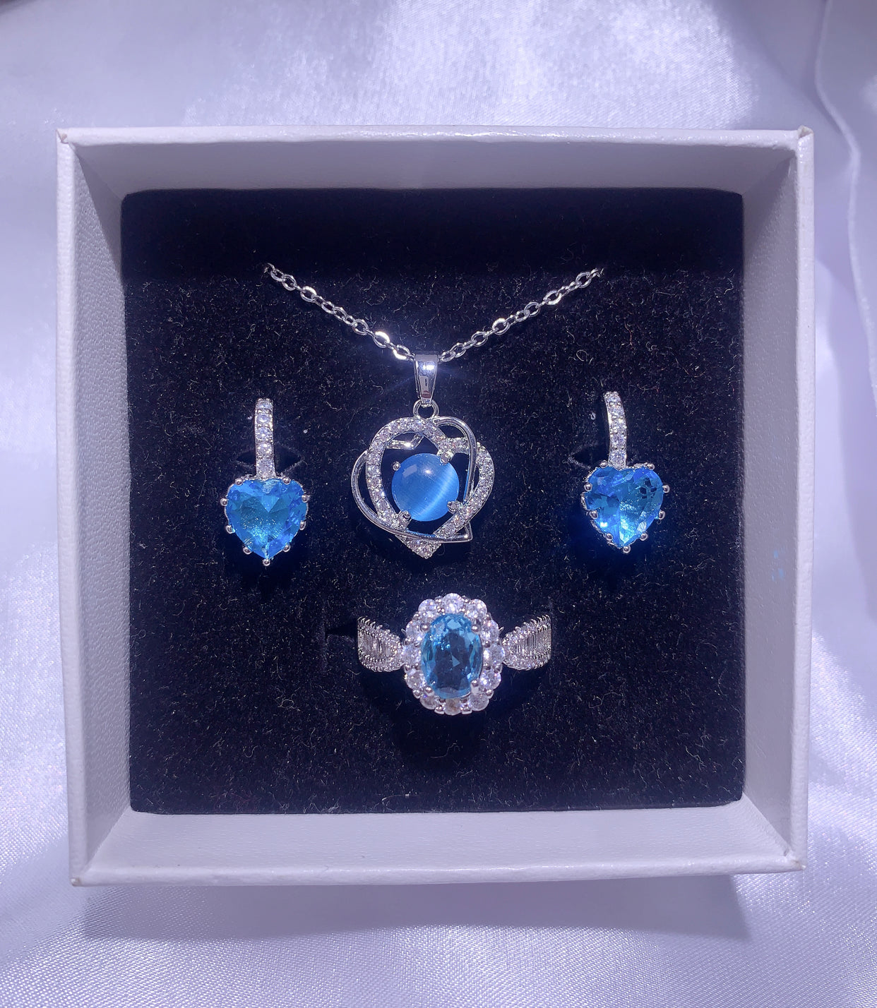 NO.53-Women's Fashion Jewelry, Blue Three-Piece Set, Double Love Necklace, Water Love Dangle Earrings, Oval Ring