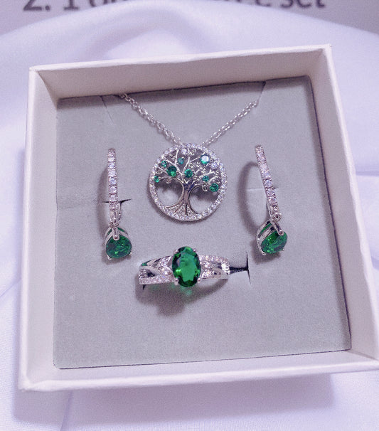 NO.21-Ladies Fashion Jewelry Exquisite 3-piece set, green tree of life necklace, l green exquisite cute dangle earrings, specially designed small oval ring