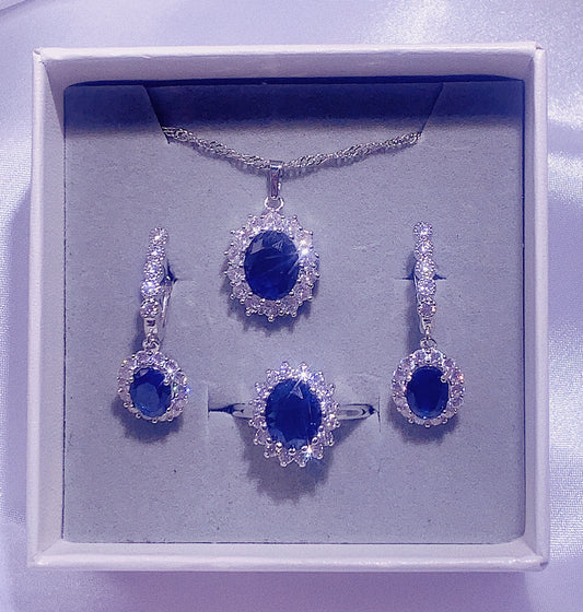 NO.11-Women's Fashion Accessories Dark Blue Three-Piece Set, Oval Necklace, Droplet Earrings, Oval Ring