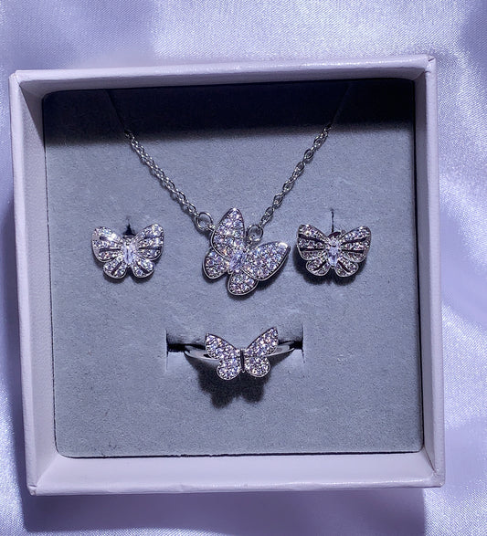 NO.55-Women's Fashion Jewelry, White Butterfly Three-Piece Set, Love Butterfly Necklace, Butterfly Earrings, Butterfly Ring