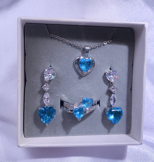 NO.49-Women's Fashion Jewelry, Blue Three Piece Set, Love Necklace, Love Dangle Earrings, Double Love Ring