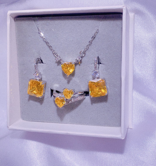 NO.40-Women's Fashion Jewelry, Blue and Yellow Three-piece Set, Square Necklace, Square Earrings, Positive Double Heart, Ring