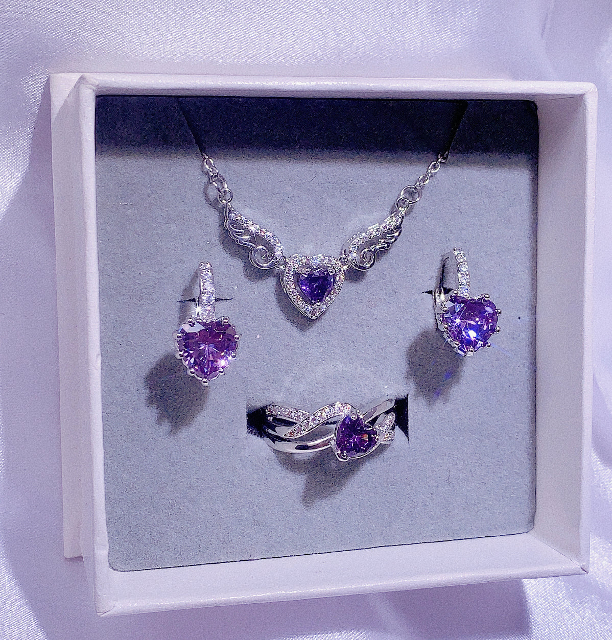 NO.1-Women's Fashion Jewelry, Purple Three-Piece Set, Angel Wings Love Necklace, Love Earrings, Specially Designed Love Ring