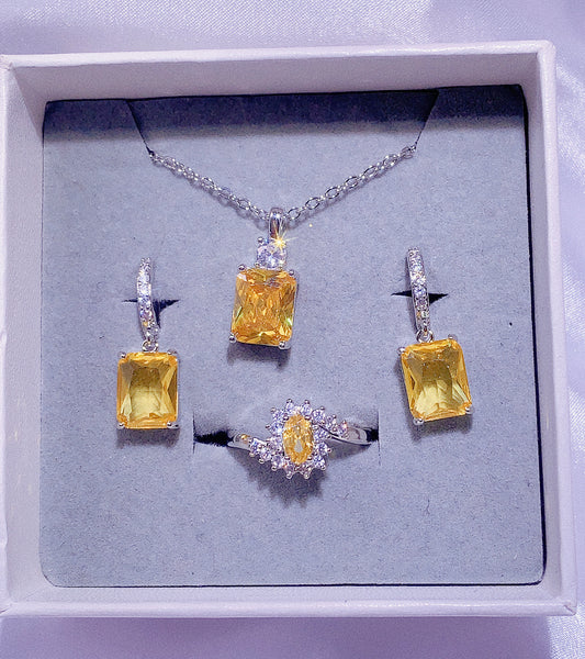 NO.30-Ladies Fashion Jewelry Exquisite 3-piece set, yellow square necklace, square earrings, yellow exquisite special design ring