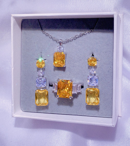 NO.57-Women's Fashion Jewelry, Yellow Three-Piece Set, Square Sparkle Necklace, Square Earrings, Small Square Ring