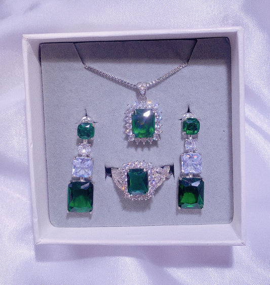 NO.52-Women's Fashion Jewelry, Green Three-Piece Set, Square Necklace, Long Square Stud Earrings, Shiny Square Ring