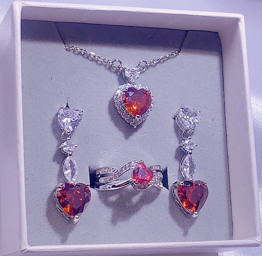 NO.8-Women's Fashion Accessories Red Three-Piece Set, Heart Necklace, Long Heart Earrings, Wrapped Heart Ring