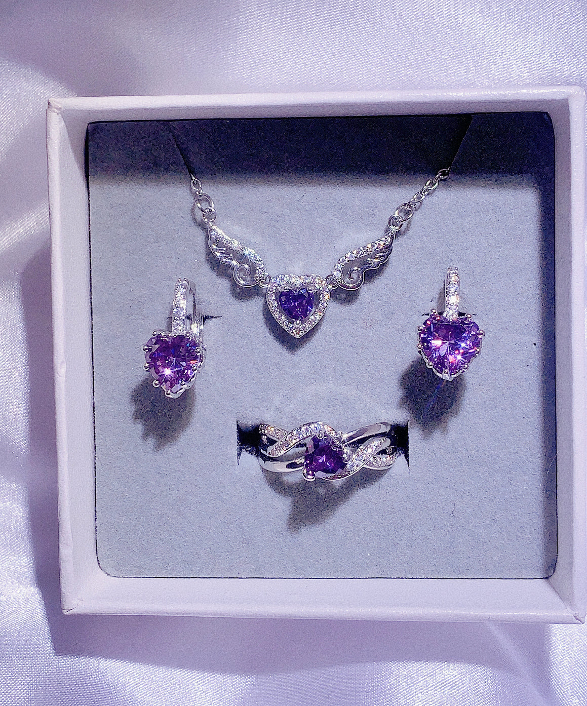 NO.1-Women's Fashion Jewelry, Purple Three-Piece Set, Angel Wings Love Necklace, Love Earrings, Specially Designed Love Ring