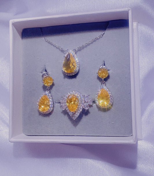 NO.44-Women's Fashion Jewelry, Yellow Three-Piece Set, Droplet Necklace, Rose Droplet Earrings, Sparkling Droplet Ring