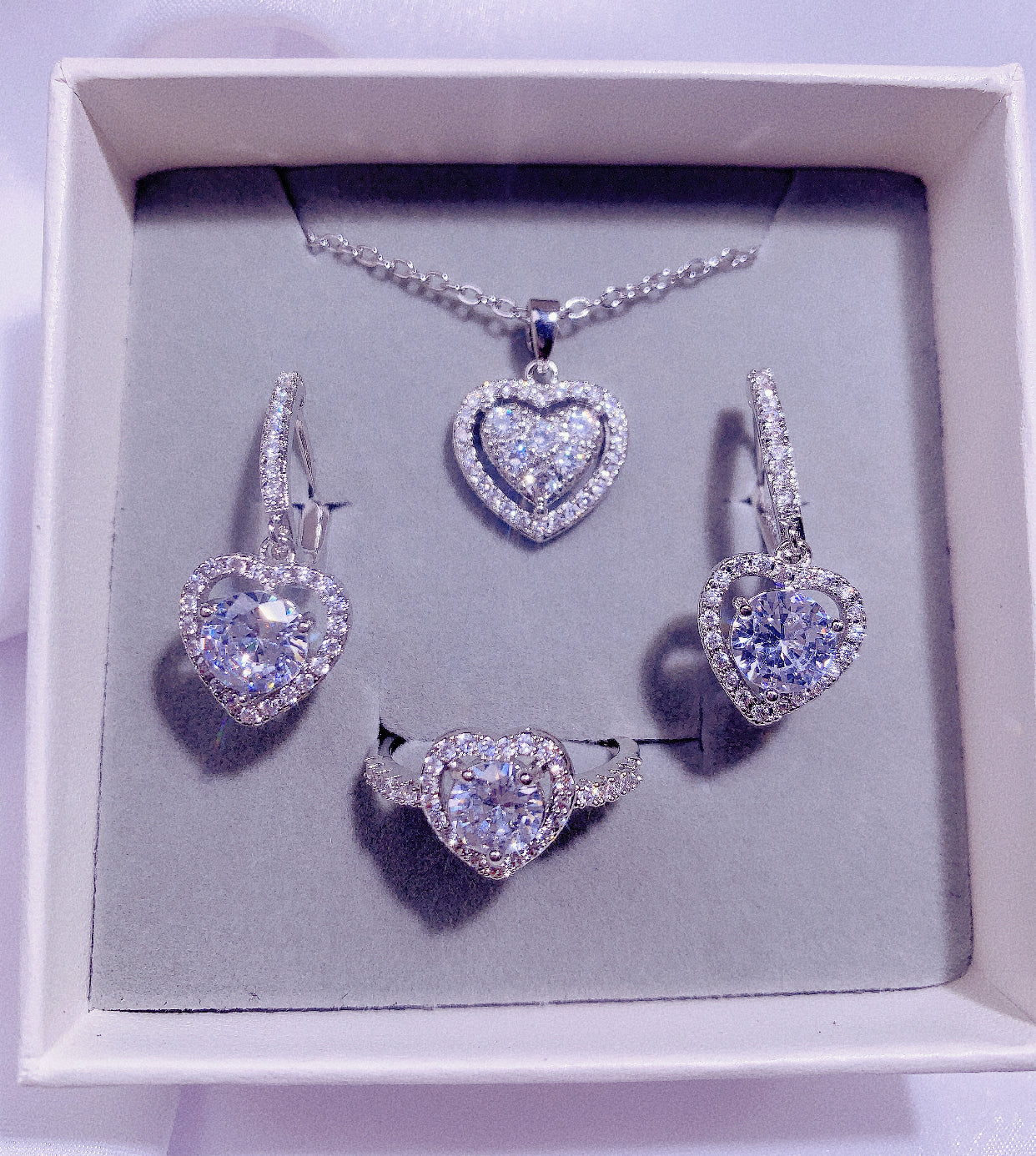 NO.2-Ladies Fashion Jewelry 3 Piece Set, White Shiny Heart Necklace, Shiny Heart Earrings, Shiny Heart Ring