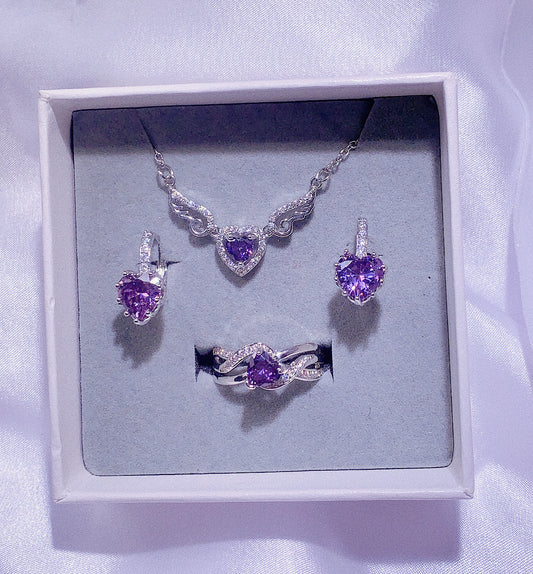 NO.1-Women's Fashion Jewelry, Purple Three-Piece Set, Angel Wings Love Necklace, Love Earrings, Specially Designed Love Ring