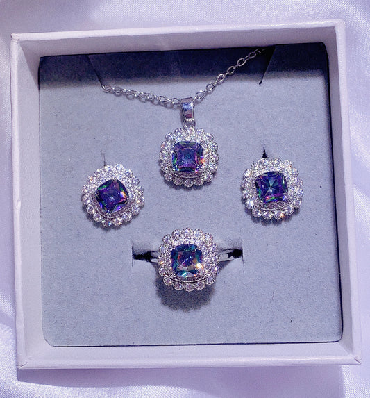 NO.23-Ladies Fashion Jewelry Delicate 3-piece Set, Rainbow Square Lace Necklace, Rainbow Square Lace Necklace Earrings, Rainbow Square Lace Necklace Ring