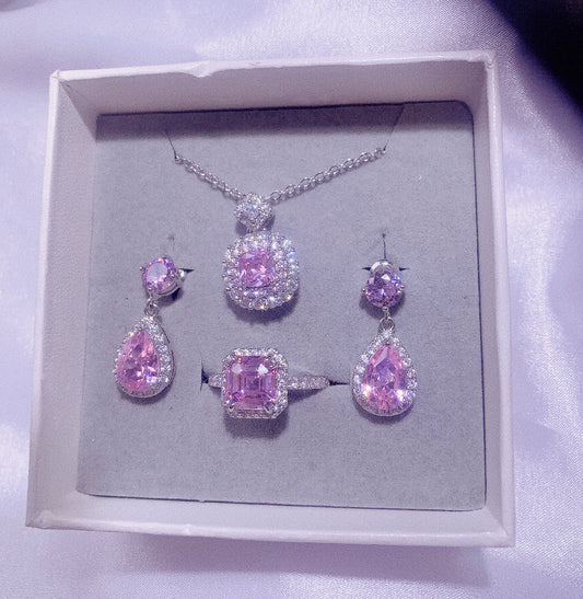 NO.42-Women's Fashion Jewelry, Pink Three-Piece Set, Square Necklace, Droplet Dangle Earrings, Square Stuning Ring