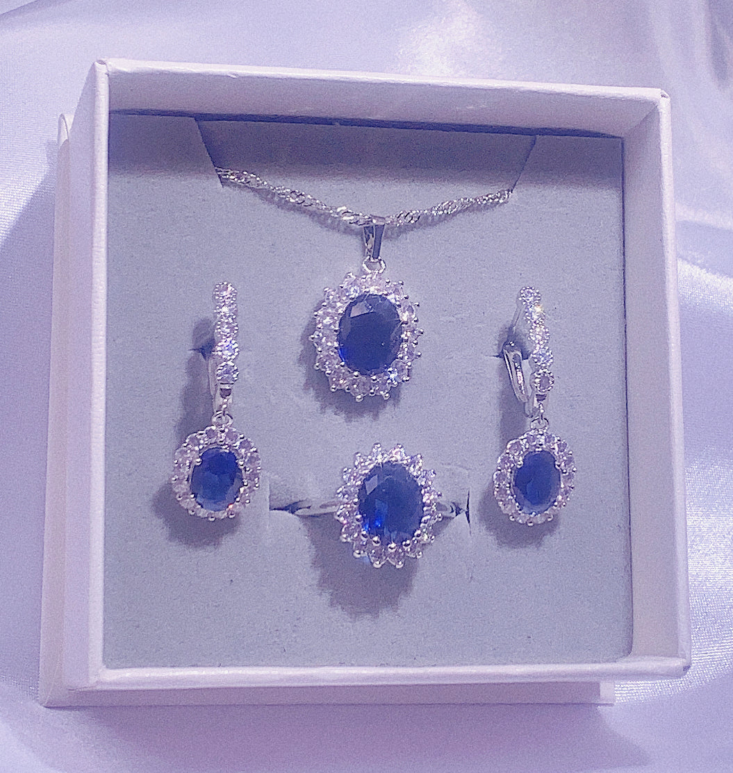 NO.11-Women's Fashion Accessories Dark Blue Three-Piece Set, Oval Necklace, Droplet Earrings, Oval Ring