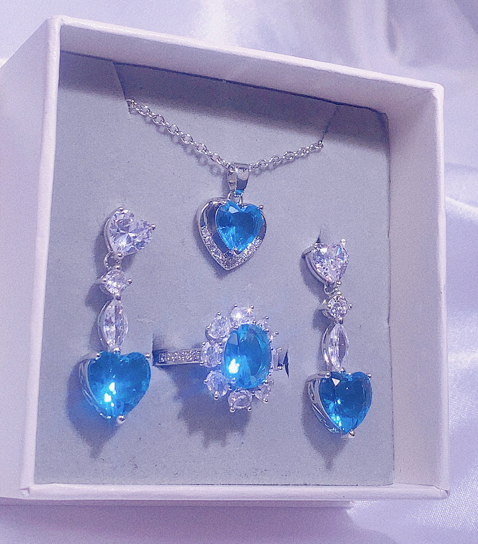 NO.15-Ladies Fashion Accessories Blue Three-Piece Set, Cute Love Necklace, Long Love Earrings, Lace Oval Ring