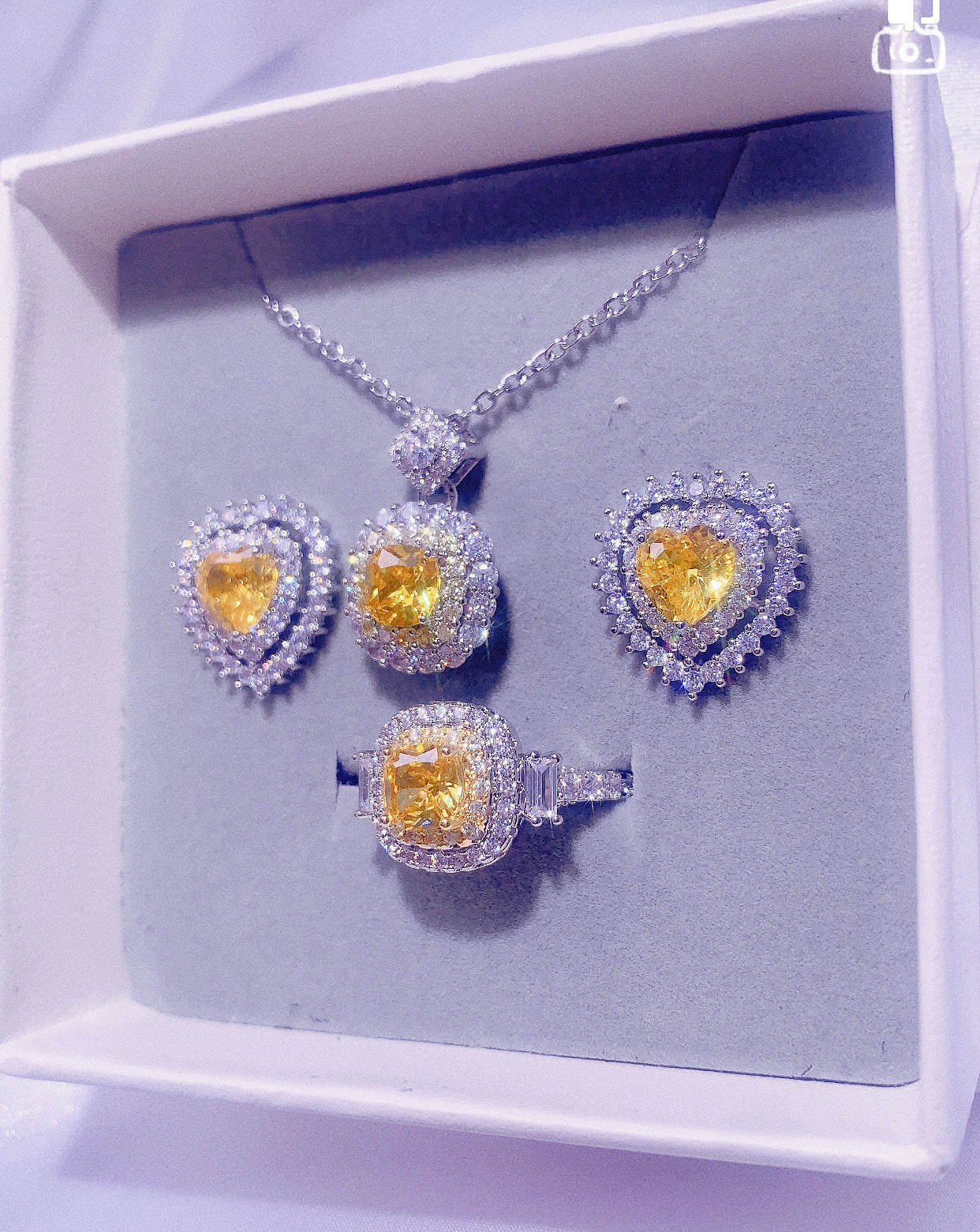 NO.16-Ladies Fashion Accessories Yellow Three-Piece Set, Stunning Square Necklace, Flower Cute Love Earrings, Square Ring