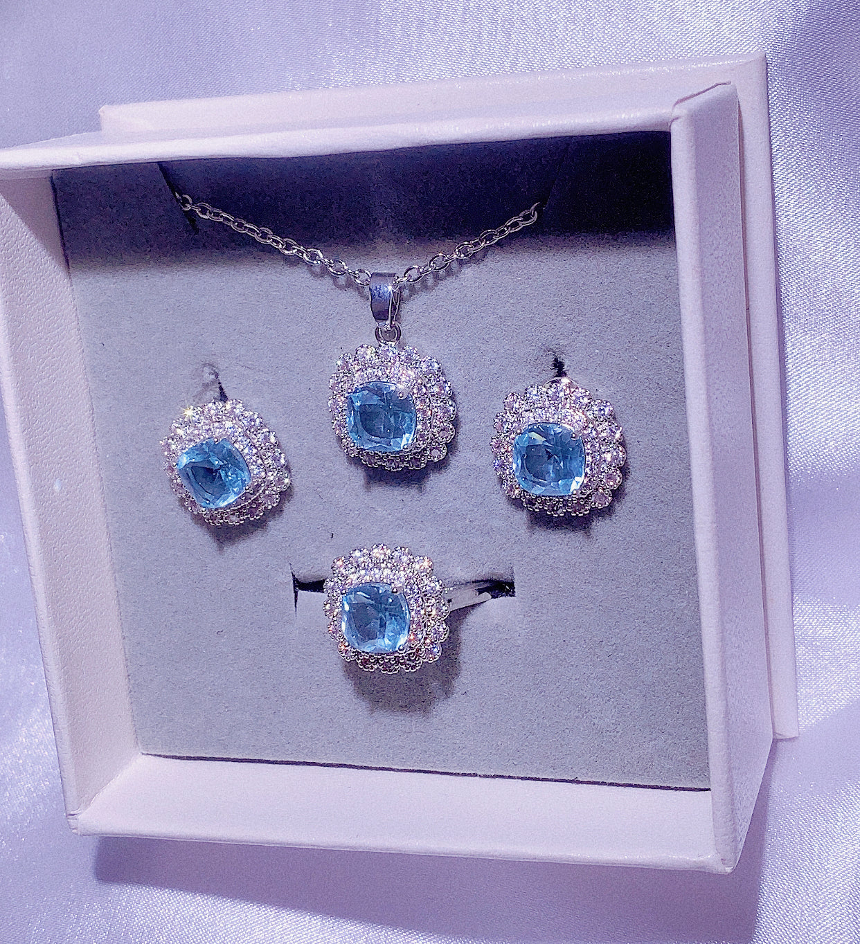 NO.41-Women's Fashion Jewelry, Blue Three Piece Set, Square Lace Necklace, Square Lace Earrings, Square Lace Ring