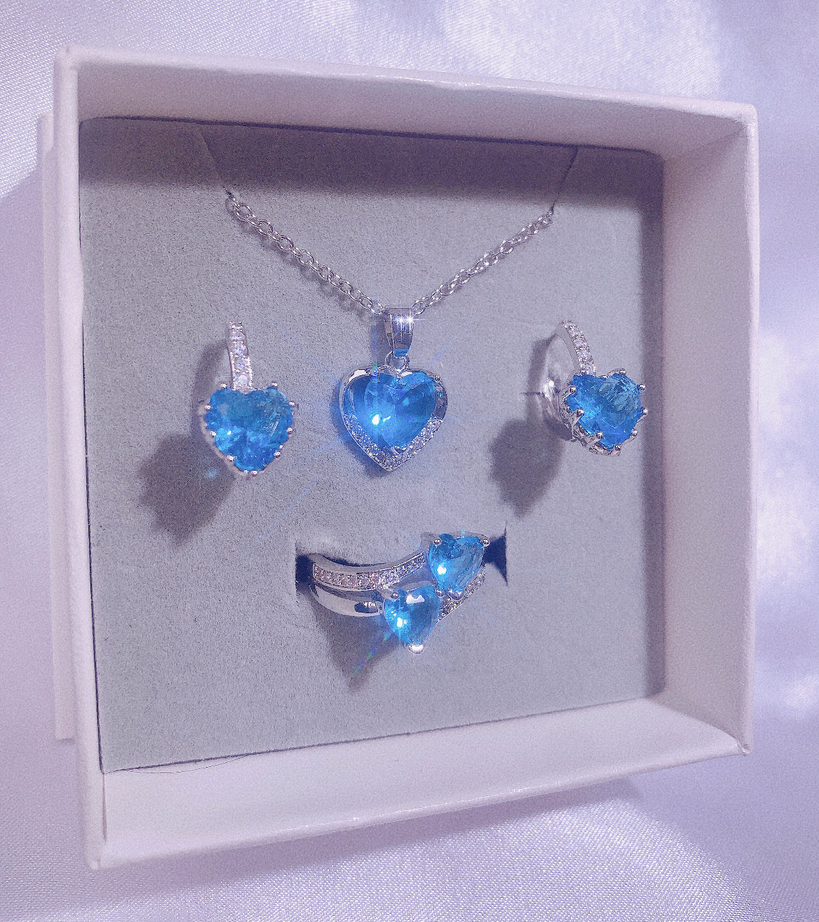 NO.43-Women's Fashion Jewelry, Blue Three-piece Set, Water Love Necklace, Love Earrings, Flash Double Love Heart Ring